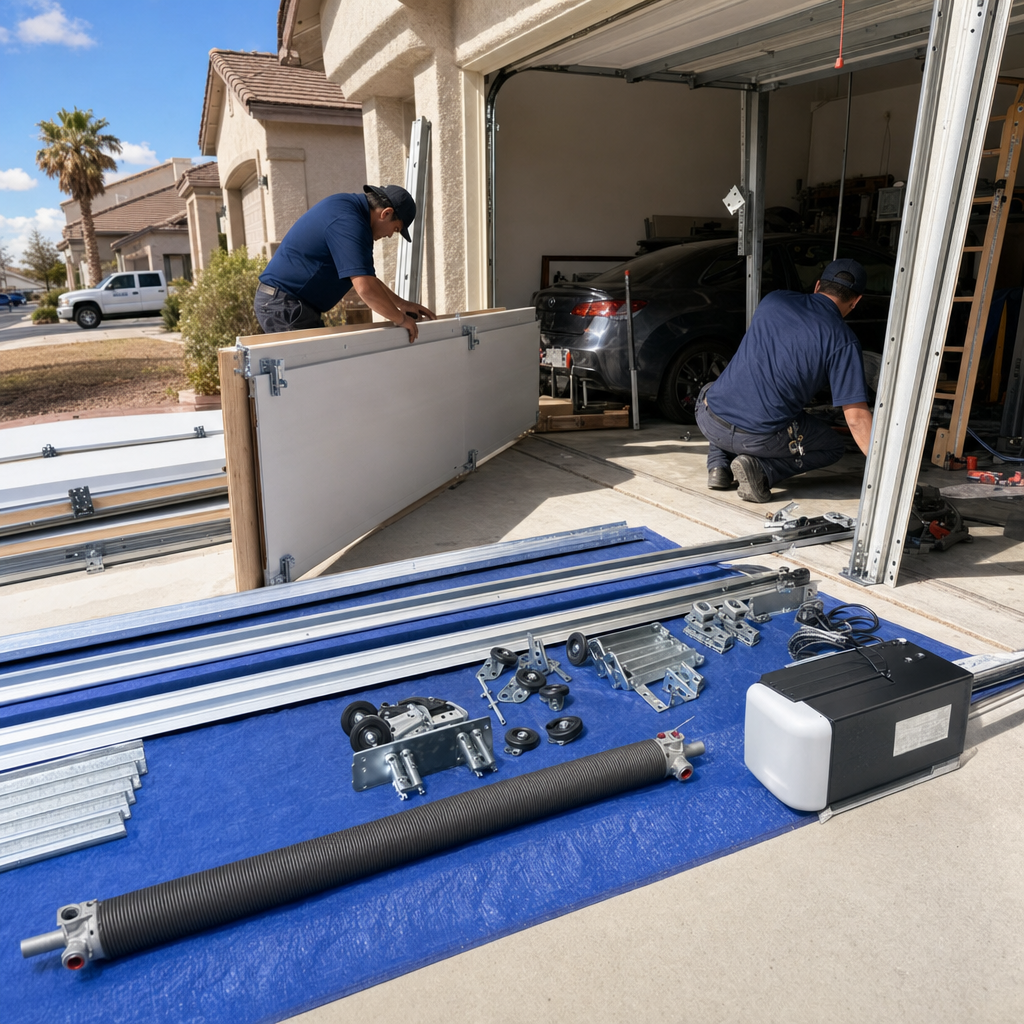 Garage door installation service with professional installer working on new door parts.