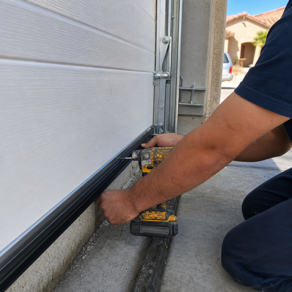 Professional installing garage door bottom seal with drill