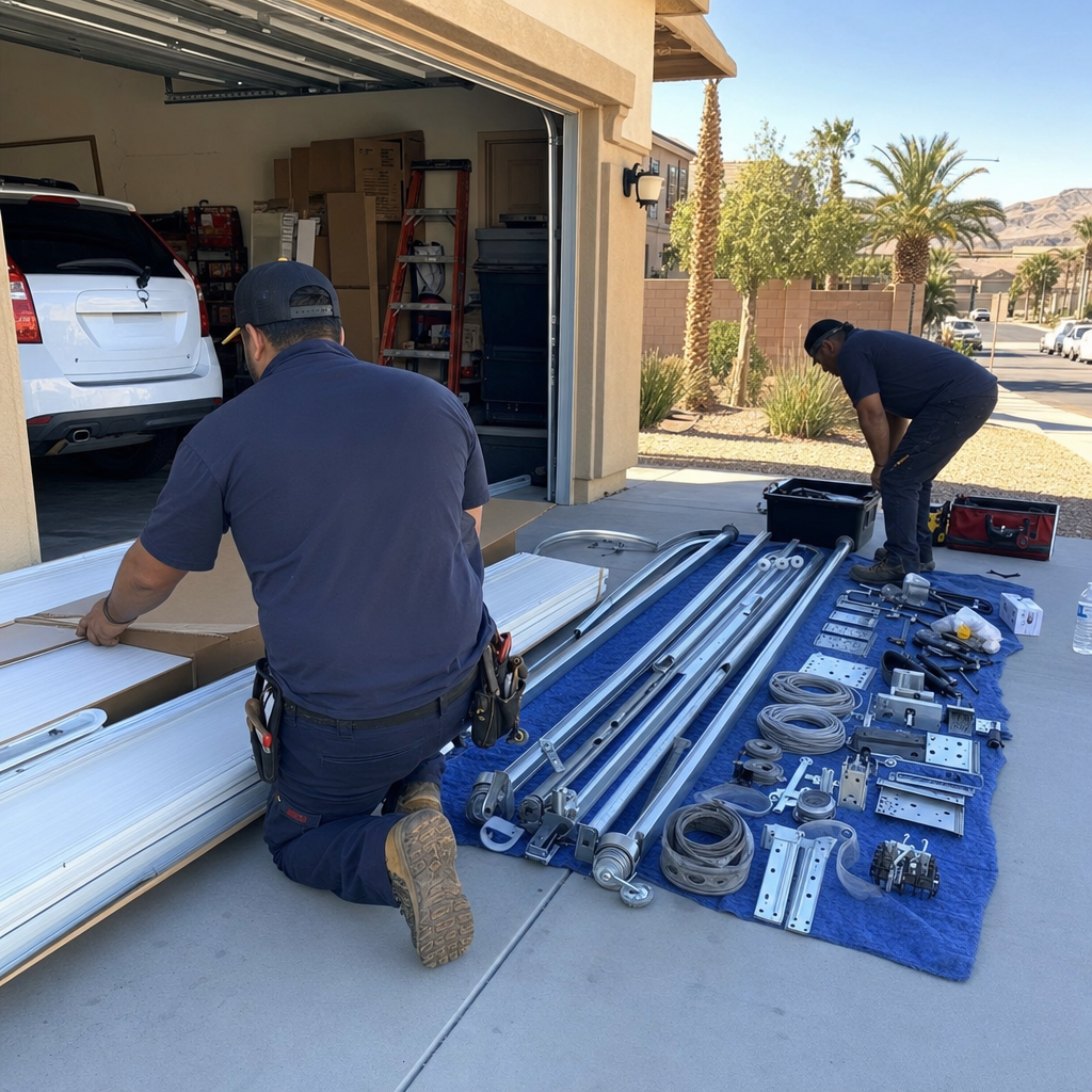 Garage door installation parts laid out by professionals