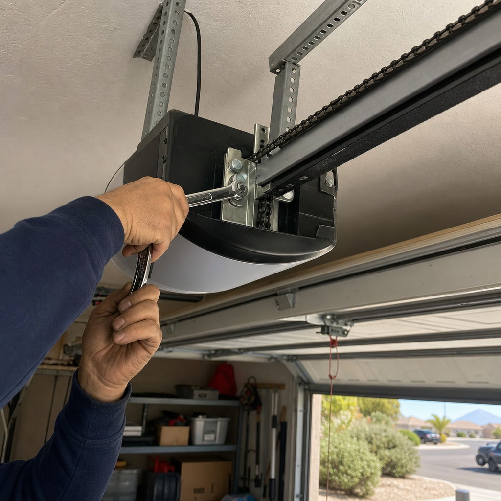 Technician adjusting garage door opener mechanism