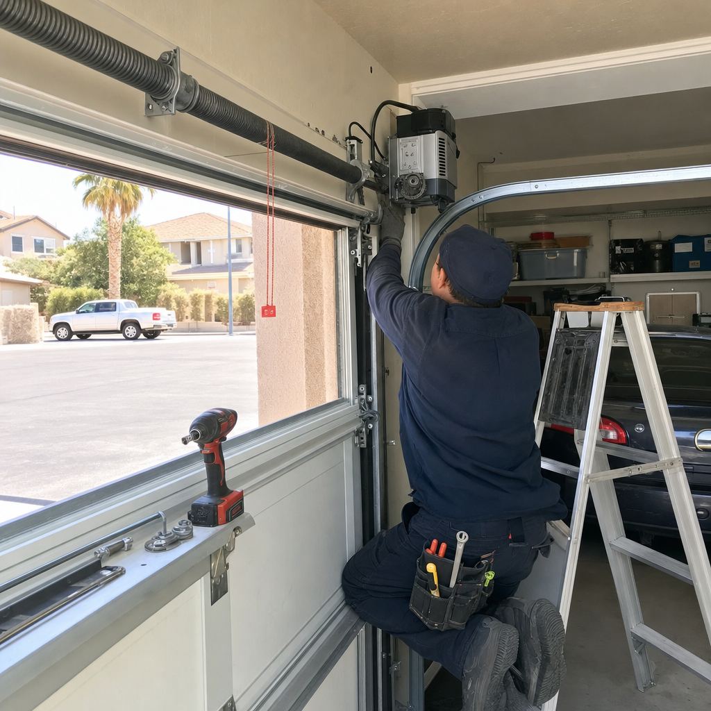 Technician performing garage door opener repair and installation.