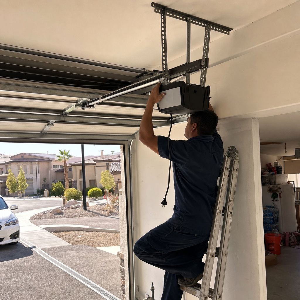 Technician installing garage door opener mechanism on ceiling bracket
