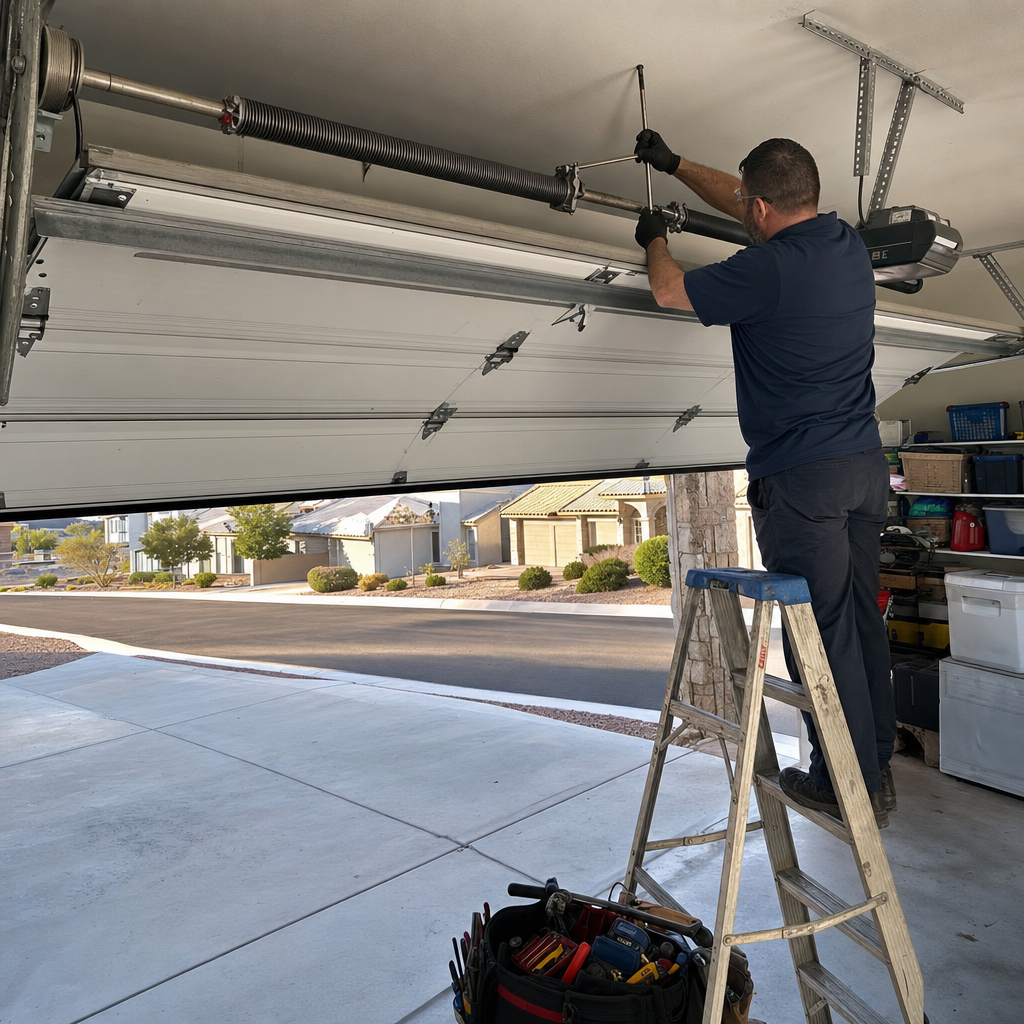 Technician repairs garage door torsion spring while on a ladder.