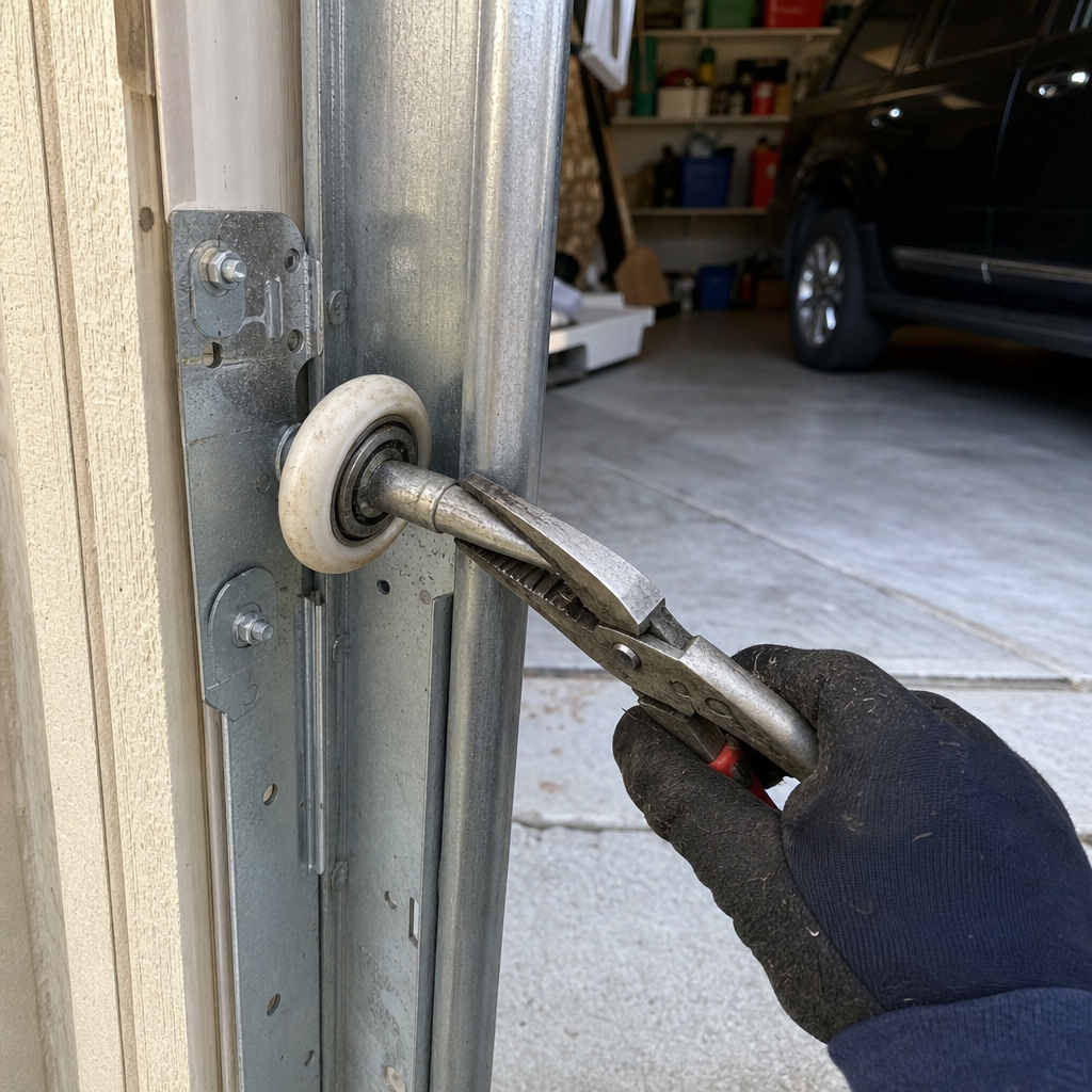 Garage door repair: pliers gripping roller on track