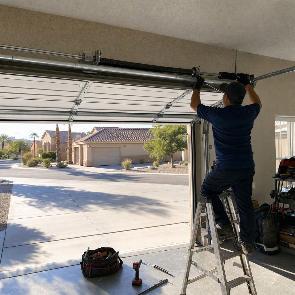 Garage door repairman fixing torsion spring on an open garage door.