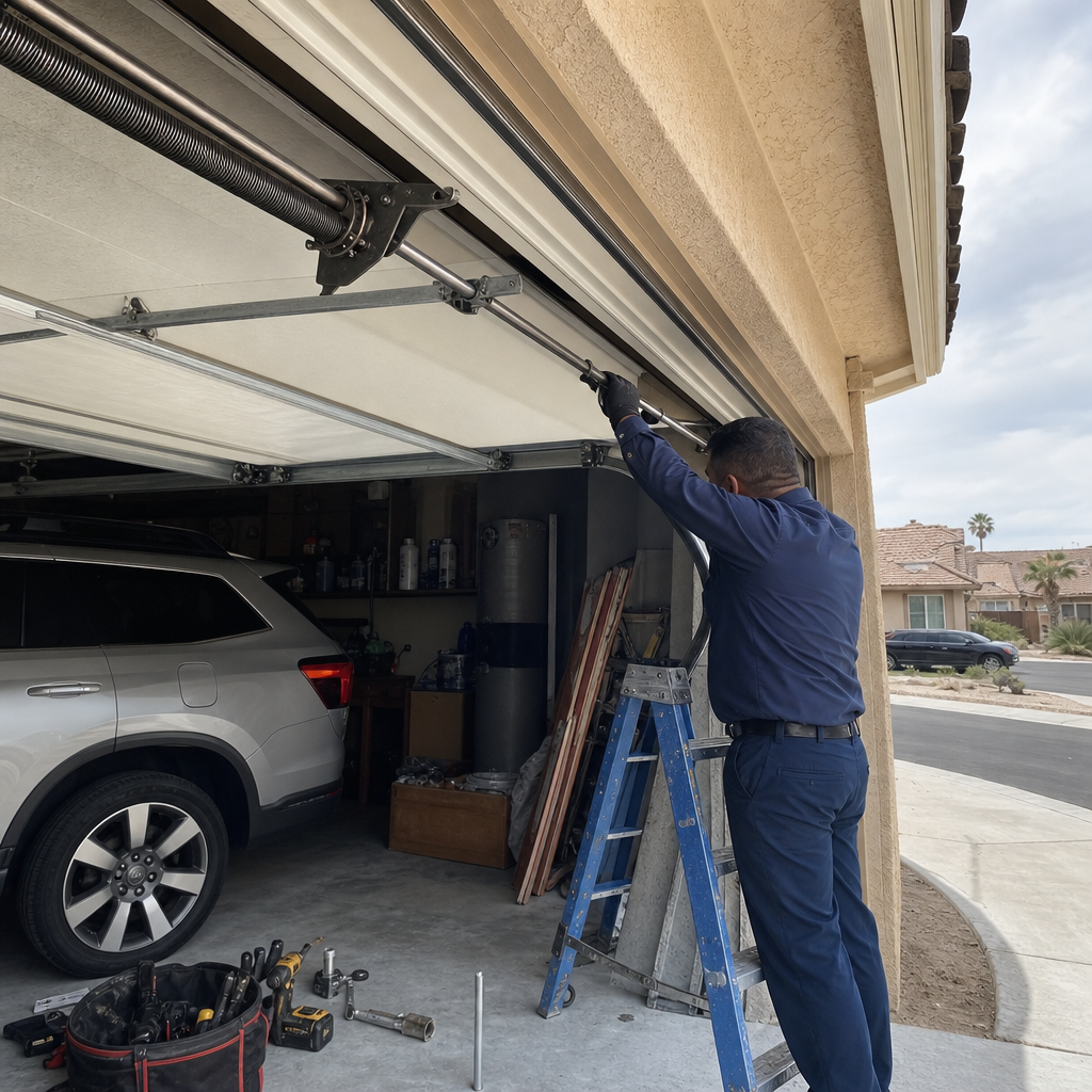 Technician performing emergency garage door repair with tools and ladder in Spring Valley, NV