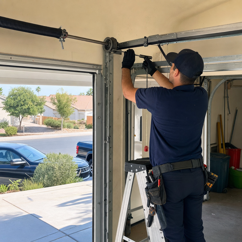Technician installing garage door parts on a spring system. in Spring Valley, NV