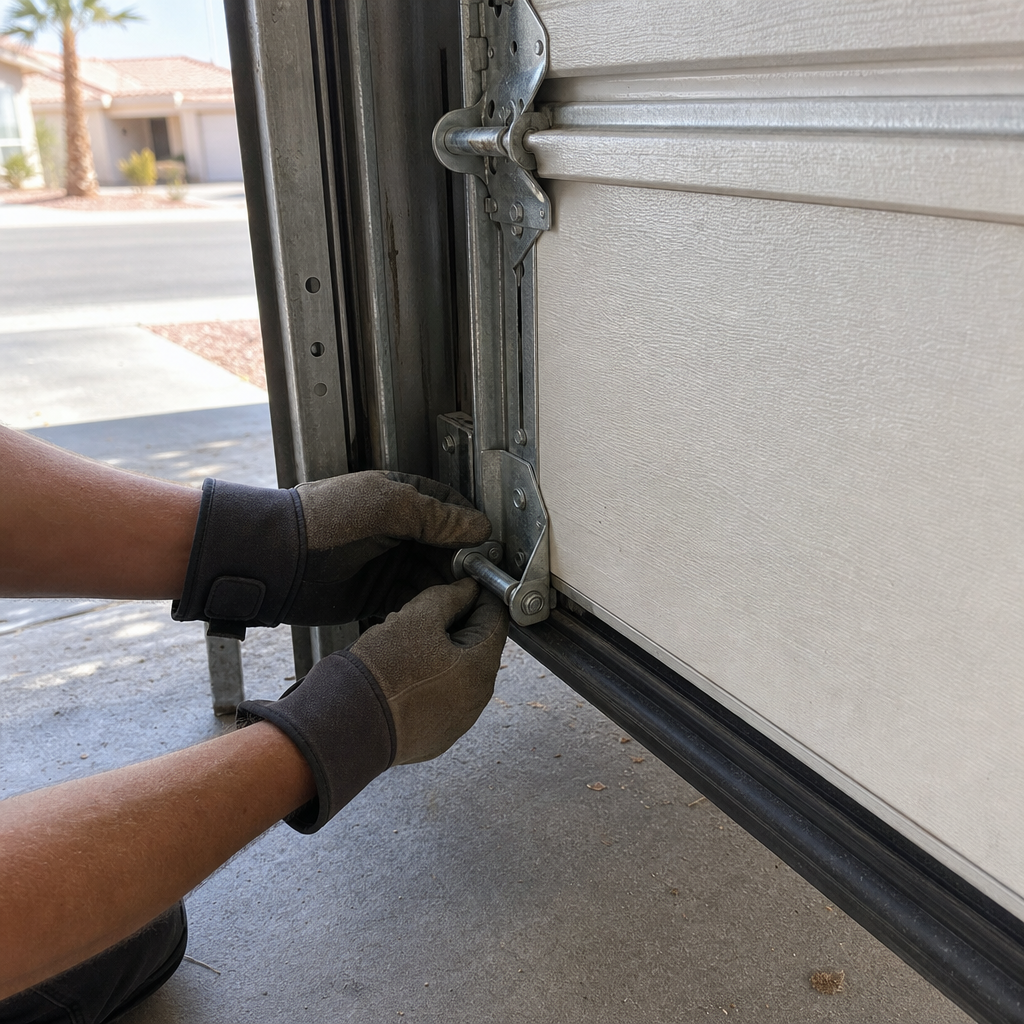 Professional installing garage door roller on track in Las Vegas, NV